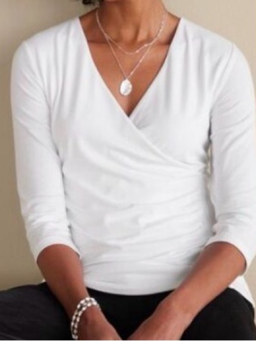 Soft Surroundings White Faux-Wrap Long Sleeve Top